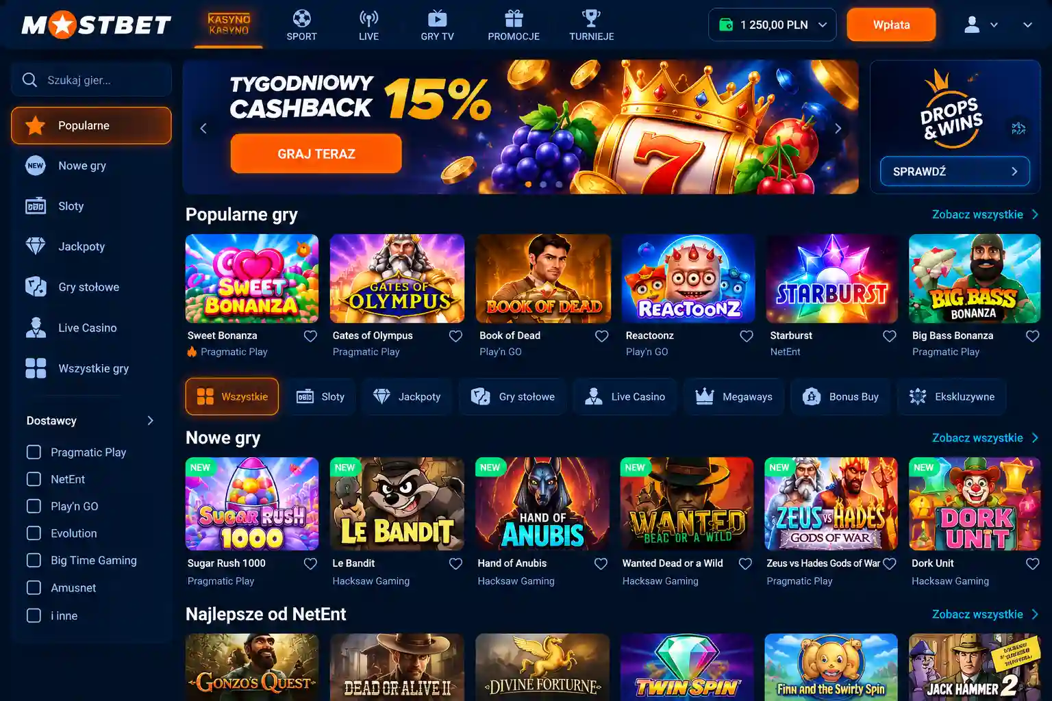 Lobby Mostbet Casino po zalogowaniu