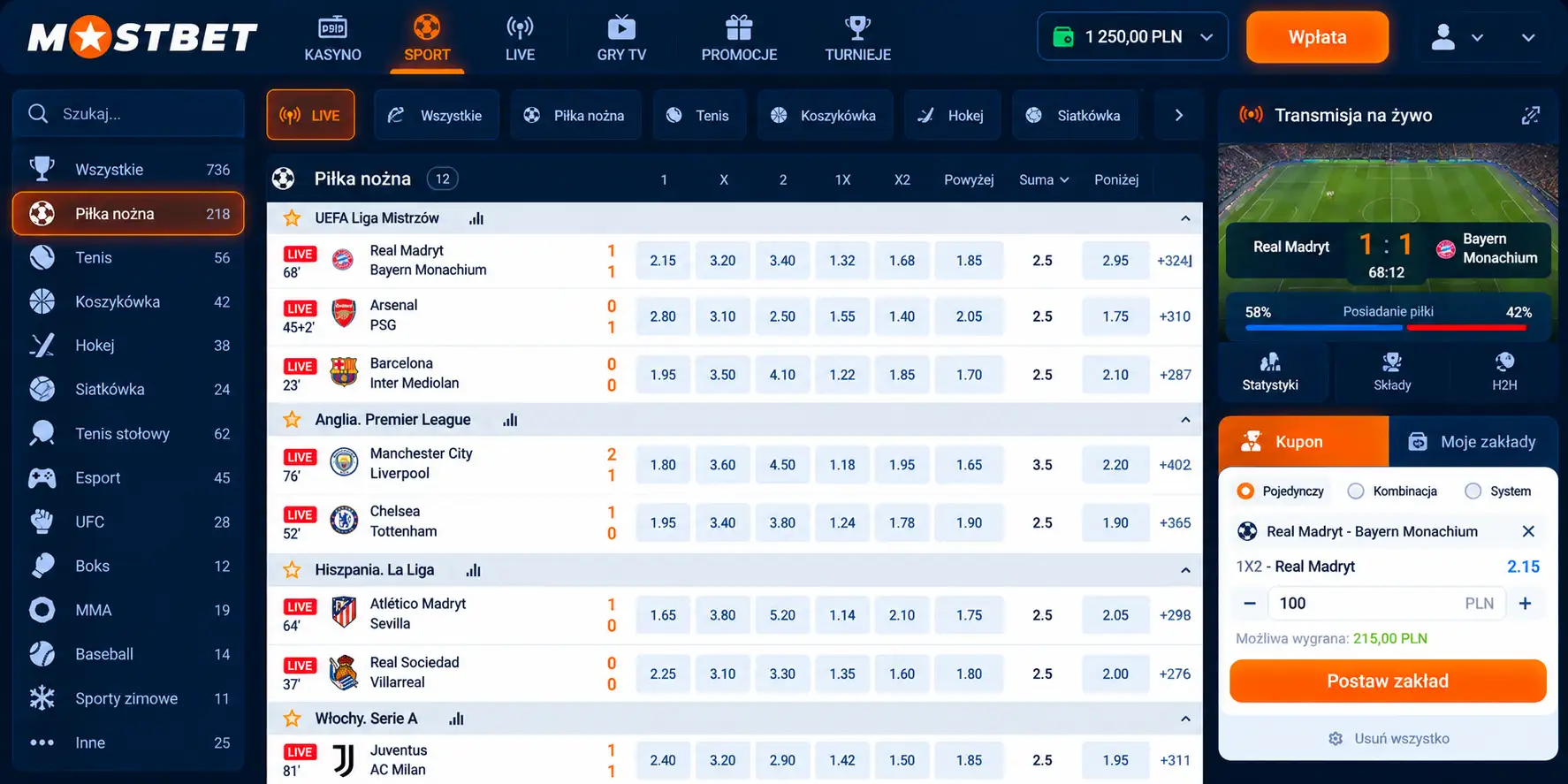 Sekcja zakładów sportowych Mostbet
